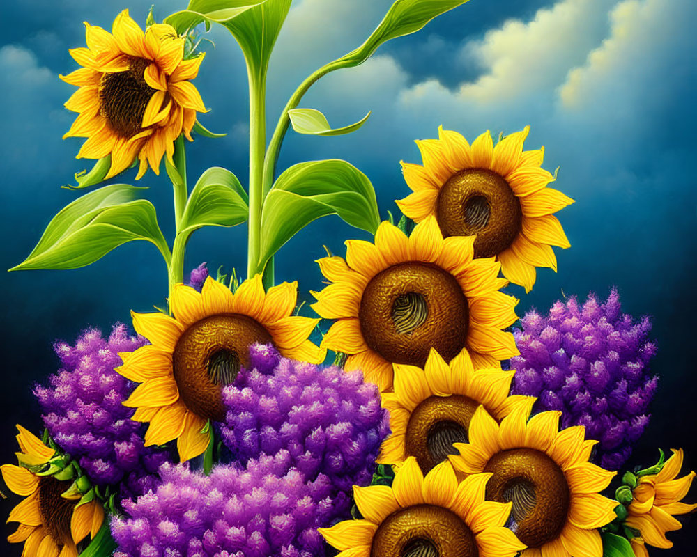 Colorful sunflower and purple flower painting under dramatic sky
