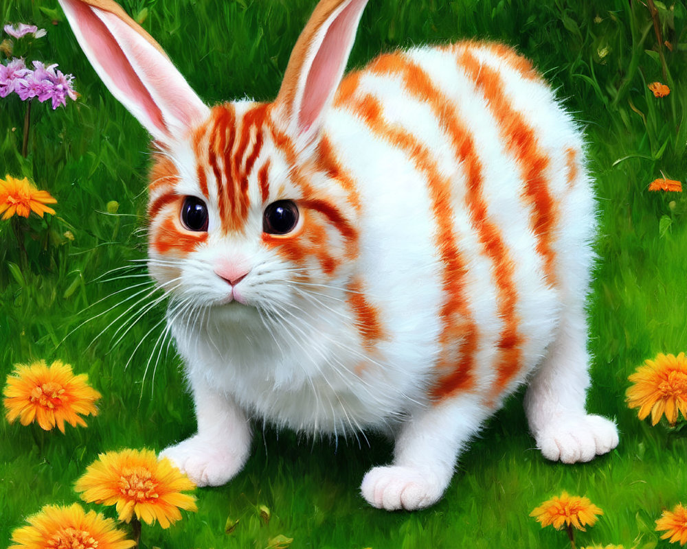 White Rabbit with Orange Stripes on Green Grass and Yellow Flowers