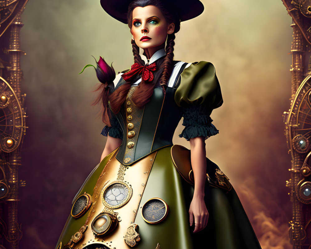 Steampunk-themed woman with top hat and gears in mechanical setting
