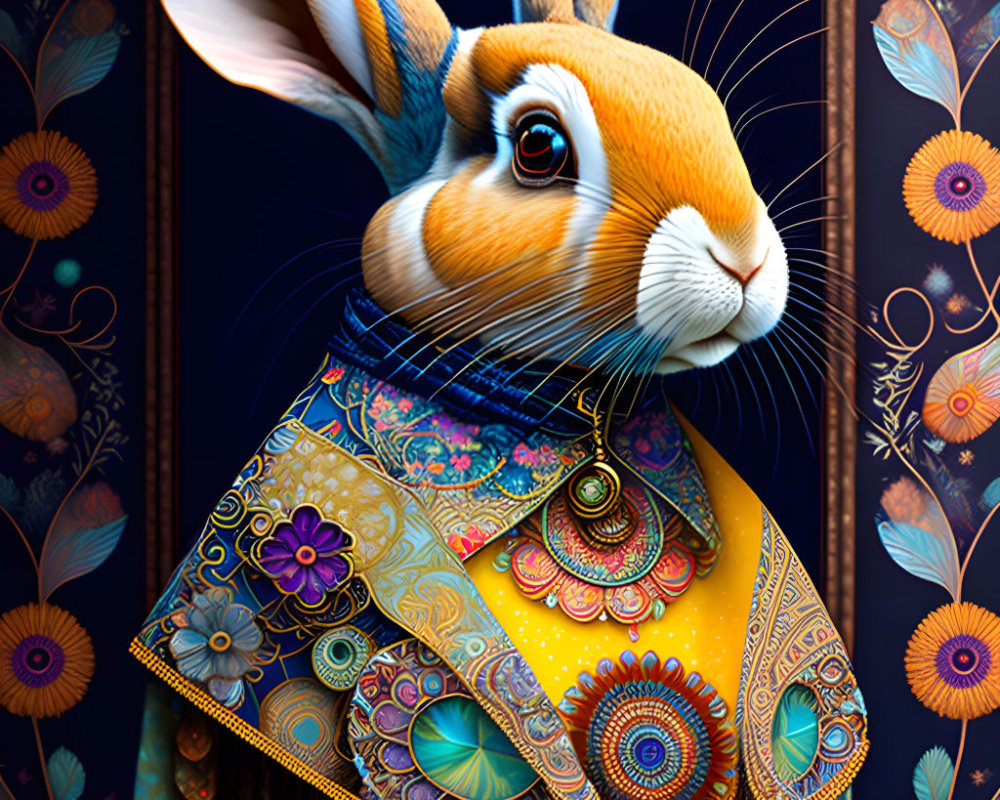 Colorful Rabbit Illustration with Intricate Patterns and Jewelry on Floral Background