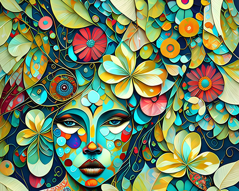 Vibrant digital artwork of woman's face with floral patterns in blue, yellow, and red