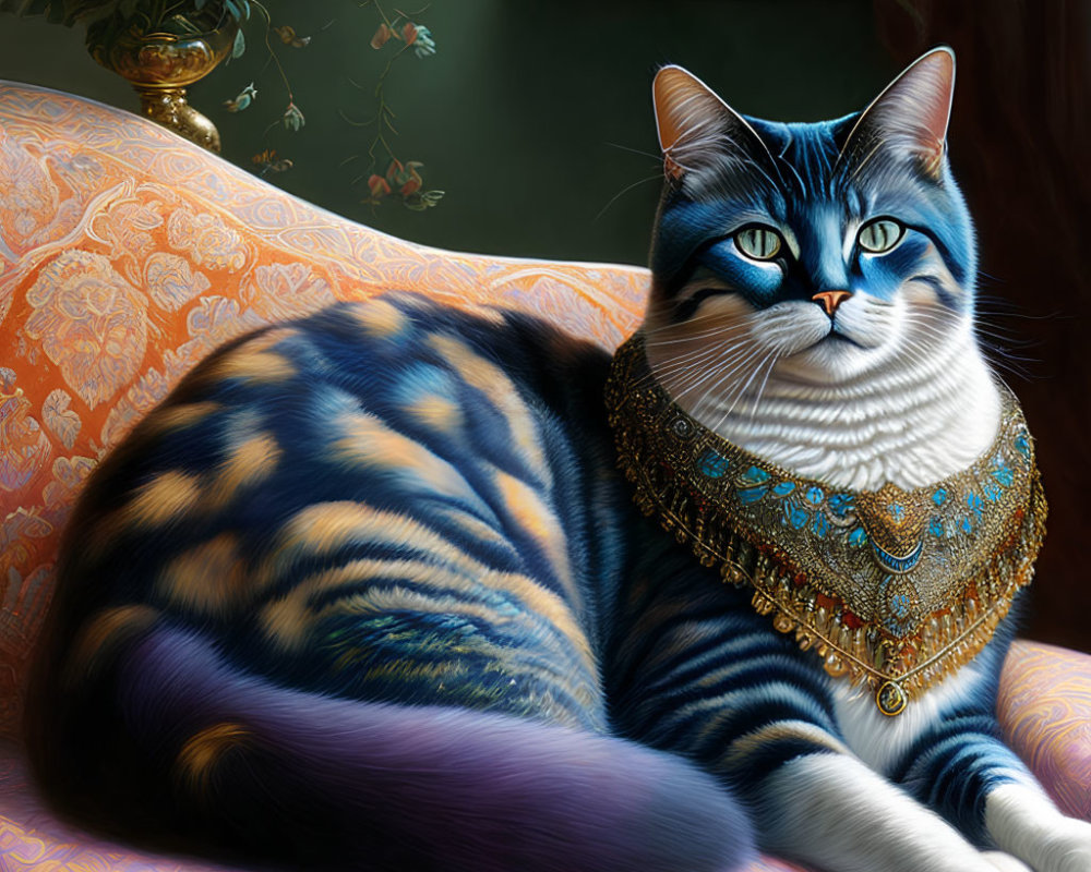 Regal Cat with Blue Eyes and Tiger-Striped Fur on Pink Sofa