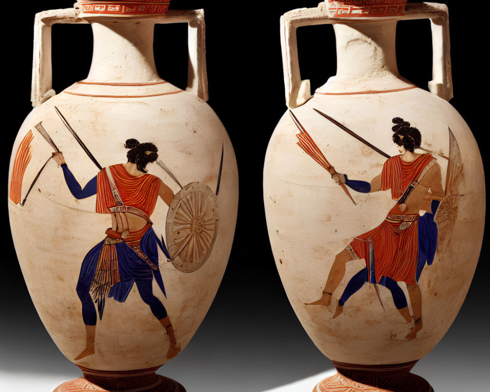 Ancient Greek amphorae: Warrior with shield and spears on dark background