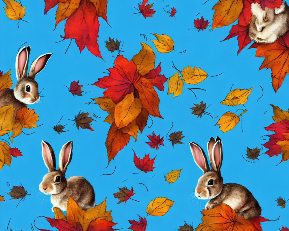 Colorful Rabbit and Autumn Leaves Pattern on Blue Background