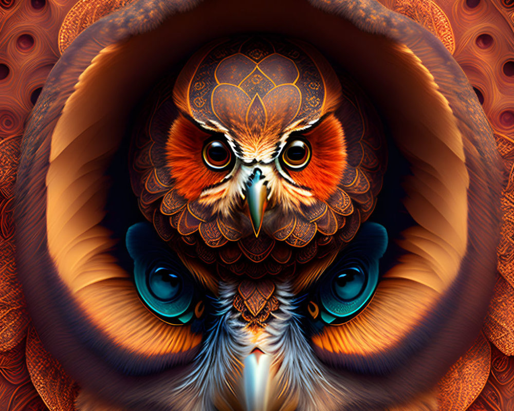 Symmetrical owl digital artwork with intricate patterns in orange, brown, and blue
