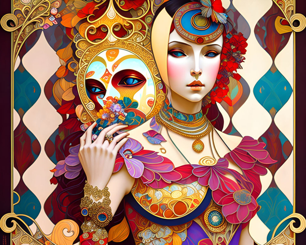 Colorful Woman Illustration with Ornate Attire and Mask