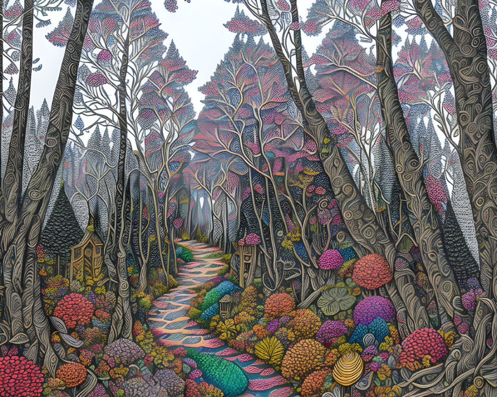 Detailed Forest Drawing with Colorful Whimsical Elements