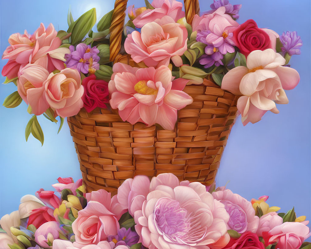 Colorful Flower-filled Wicker Basket Illustration on Blue Background
