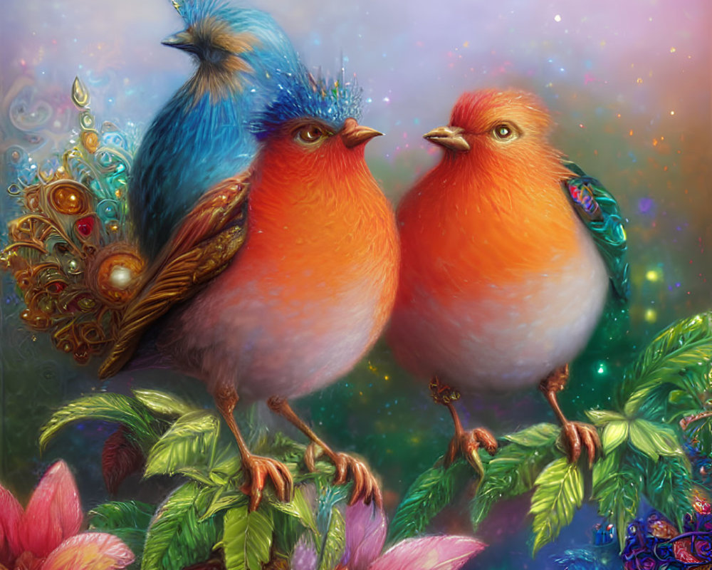 Colorful Birds Perched in Lush Foliage with Starry Sky