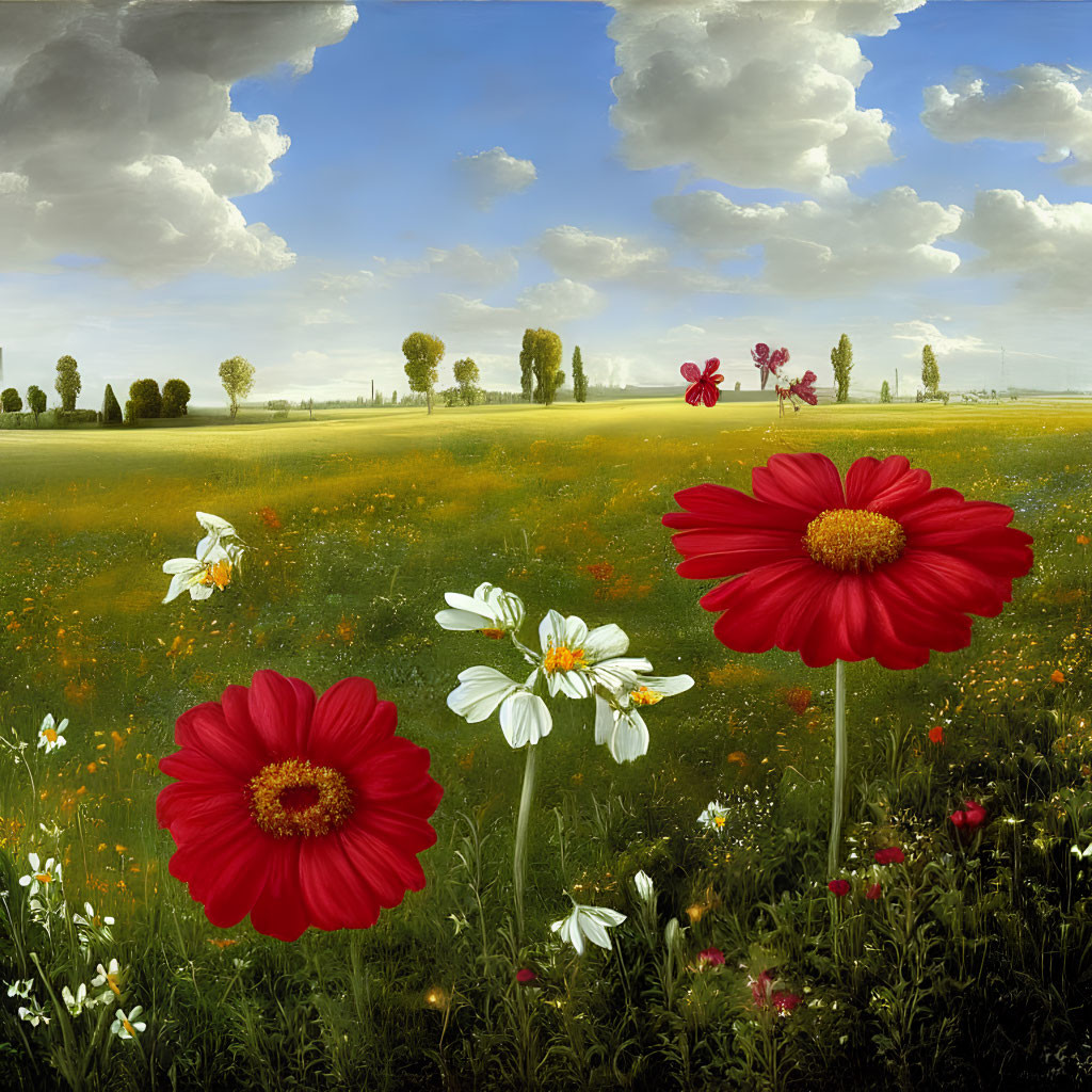 Colorful field painting with red and white flowers under a blue sky
