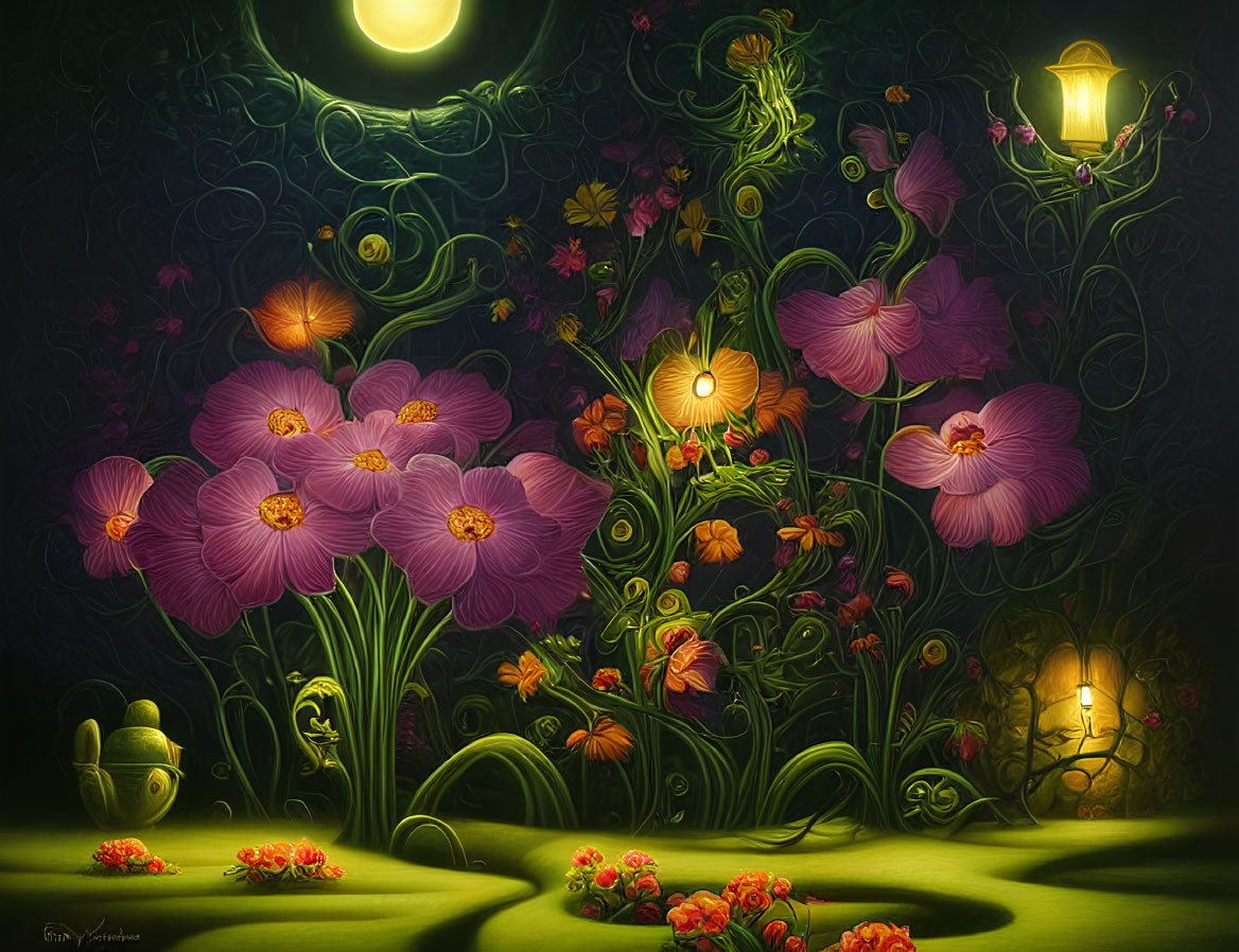Nocturnal garden with glowing purple flowers and lanterns