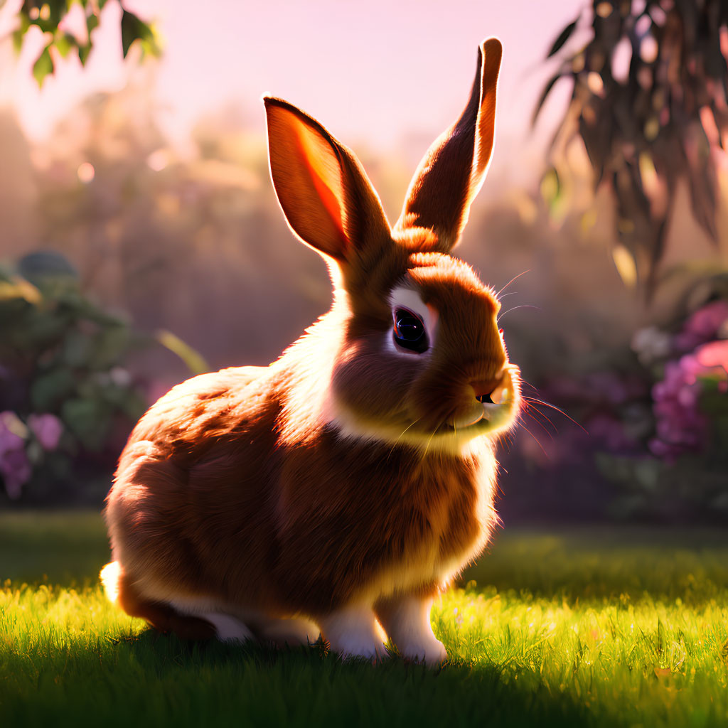 Realistic brown rabbit on grassy field with purple flowers under warm sunlight