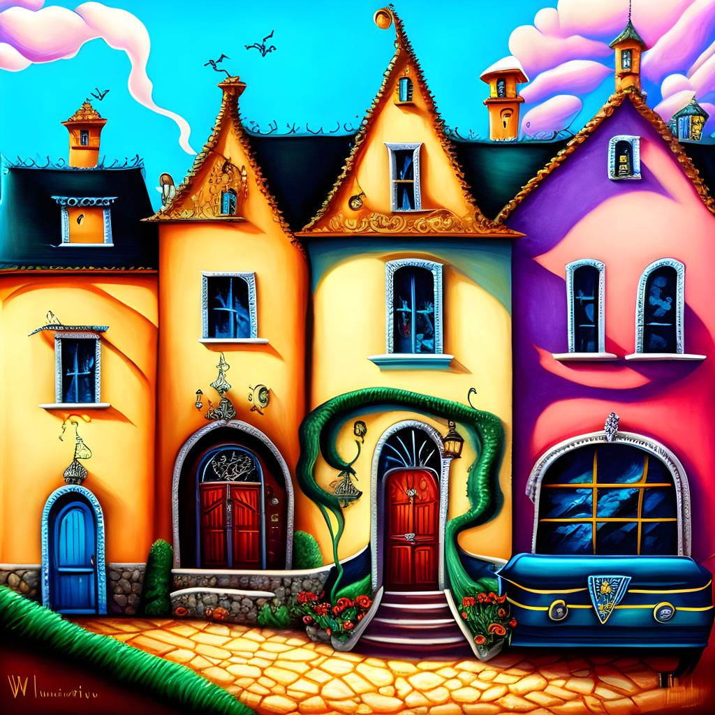 Colorful Cartoonish Houses with Playful Architecture in Vibrant Painting