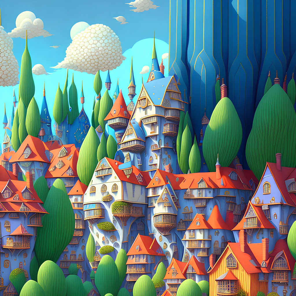 Colorful fantasy village illustration with quirky houses and mountains
