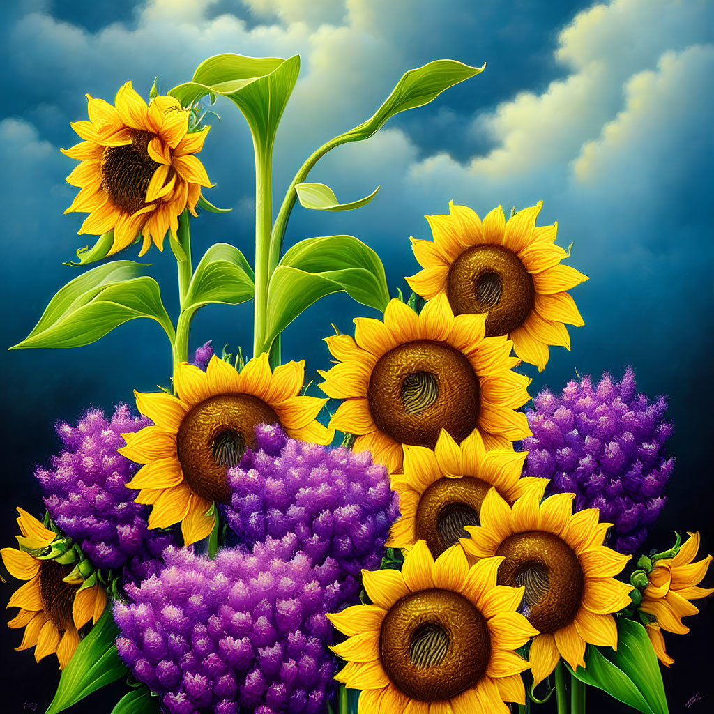 Colorful sunflower and purple flower painting under dramatic sky