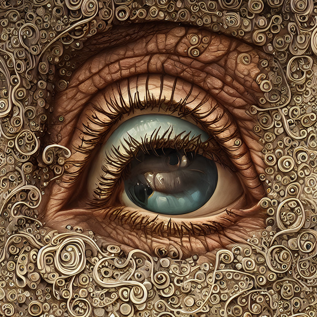 Detailed surreal illustration of human eye with swirling shell patterns