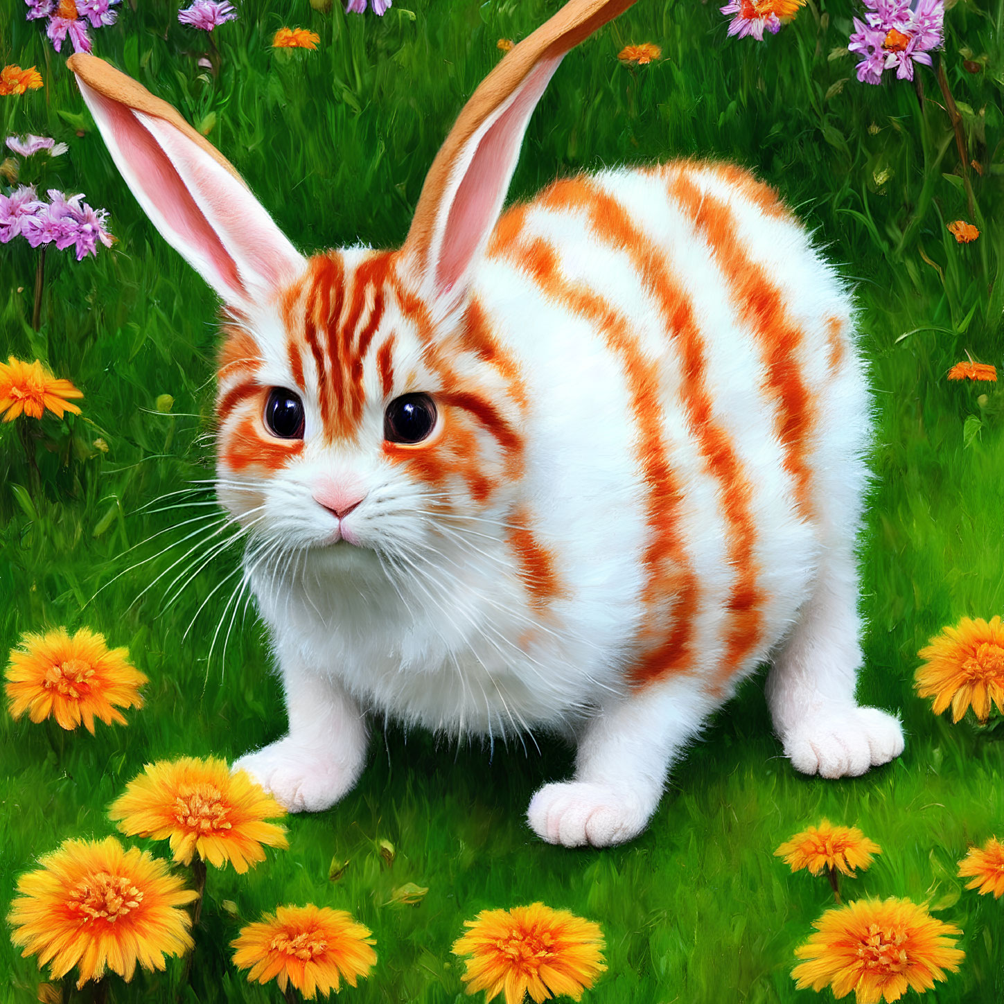 White Rabbit with Orange Stripes on Green Grass and Yellow Flowers