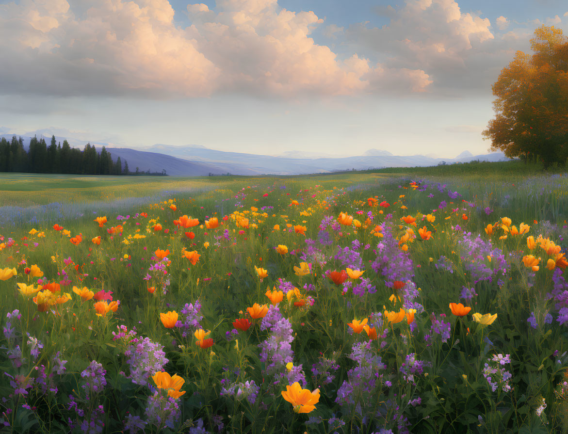 Colorful wildflower meadow in serene landscape at sunset