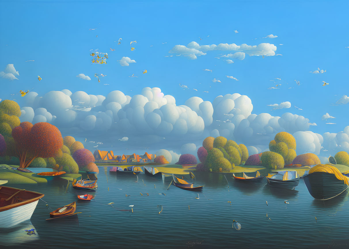 Colorful Fluffy Trees, Calm Lake, Boats, Swans, Sky with Clouds