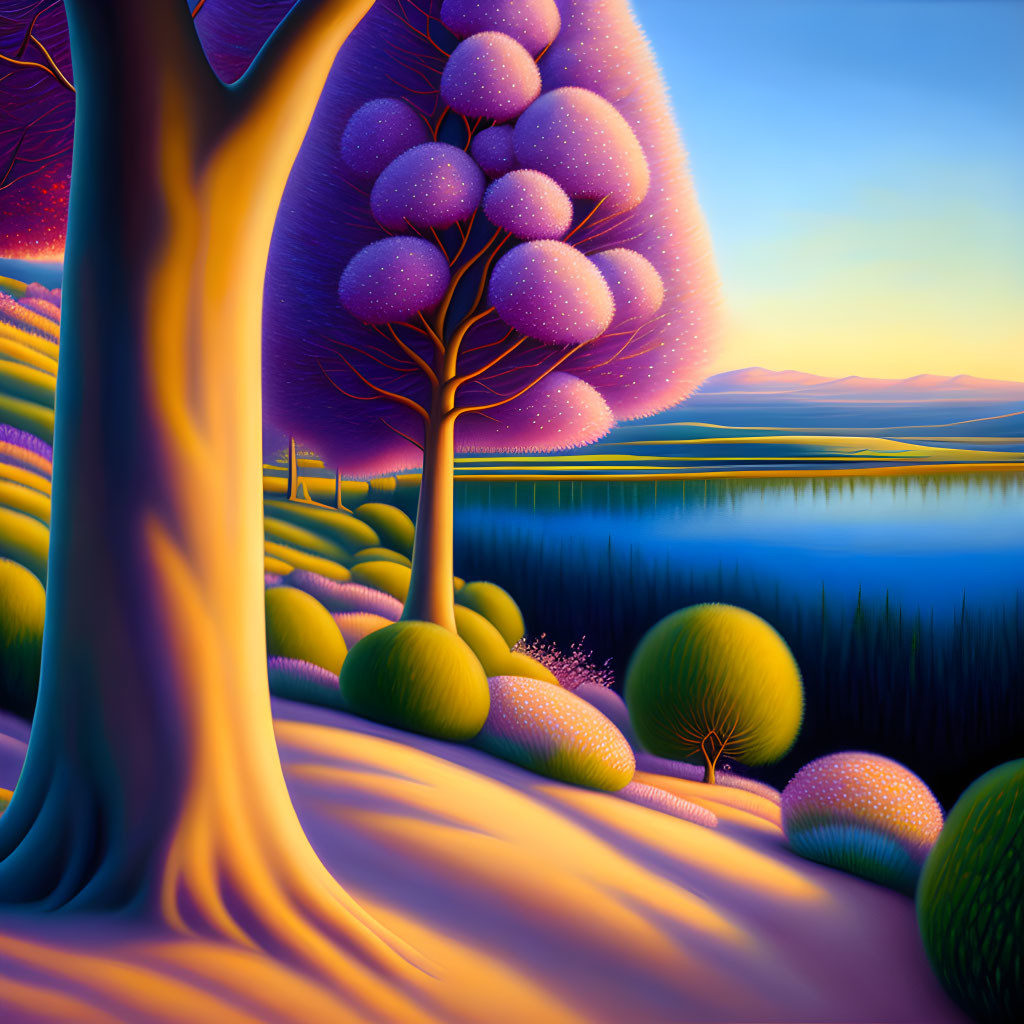 Colorful stylized landscape with rounded trees and serene water at sunset