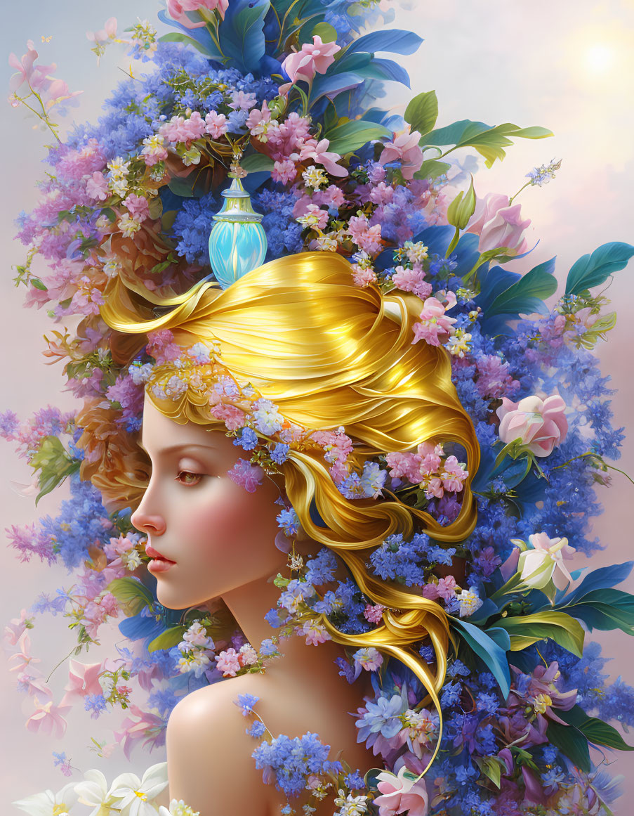 Profile view of woman with golden hair adorned with blue and pink flowers and foliage.