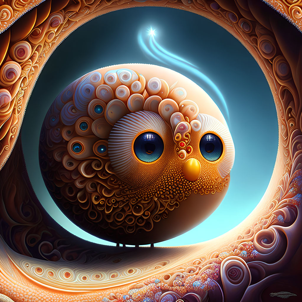 Detailed round owl illustration against crescent moon and stars