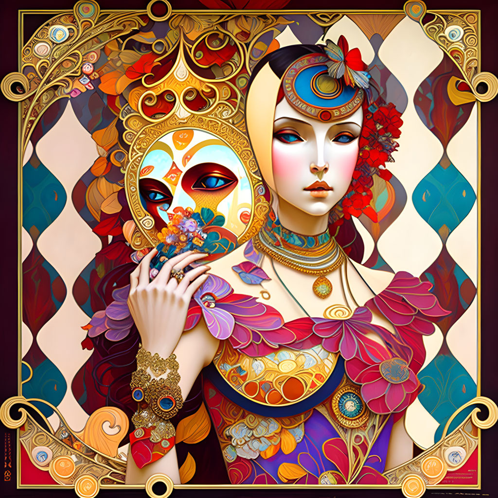Colorful Woman Illustration with Ornate Attire and Mask