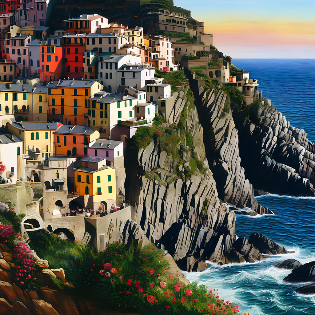 Vibrant cliffside buildings above sea with flowers and sunset sky