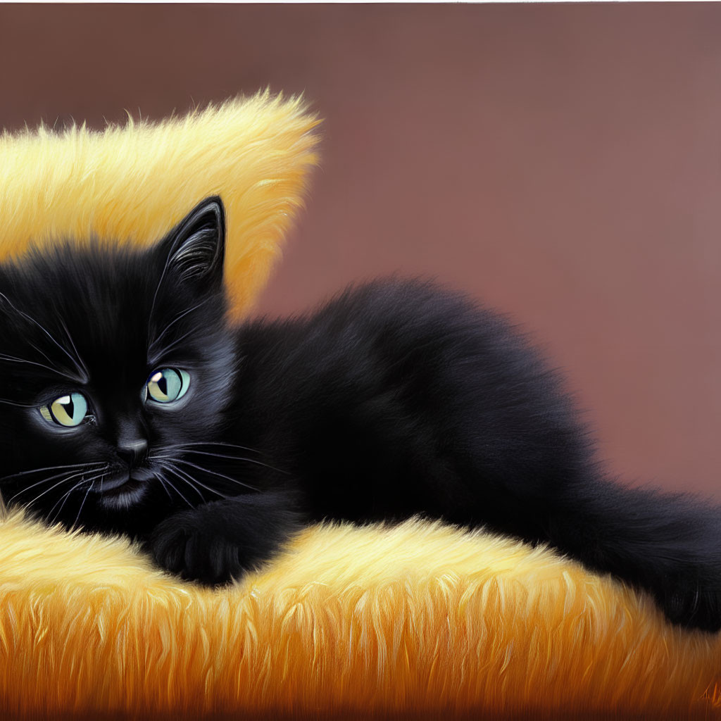 Black Kitten with Green Eyes on Yellow Cushion Against Brown Background