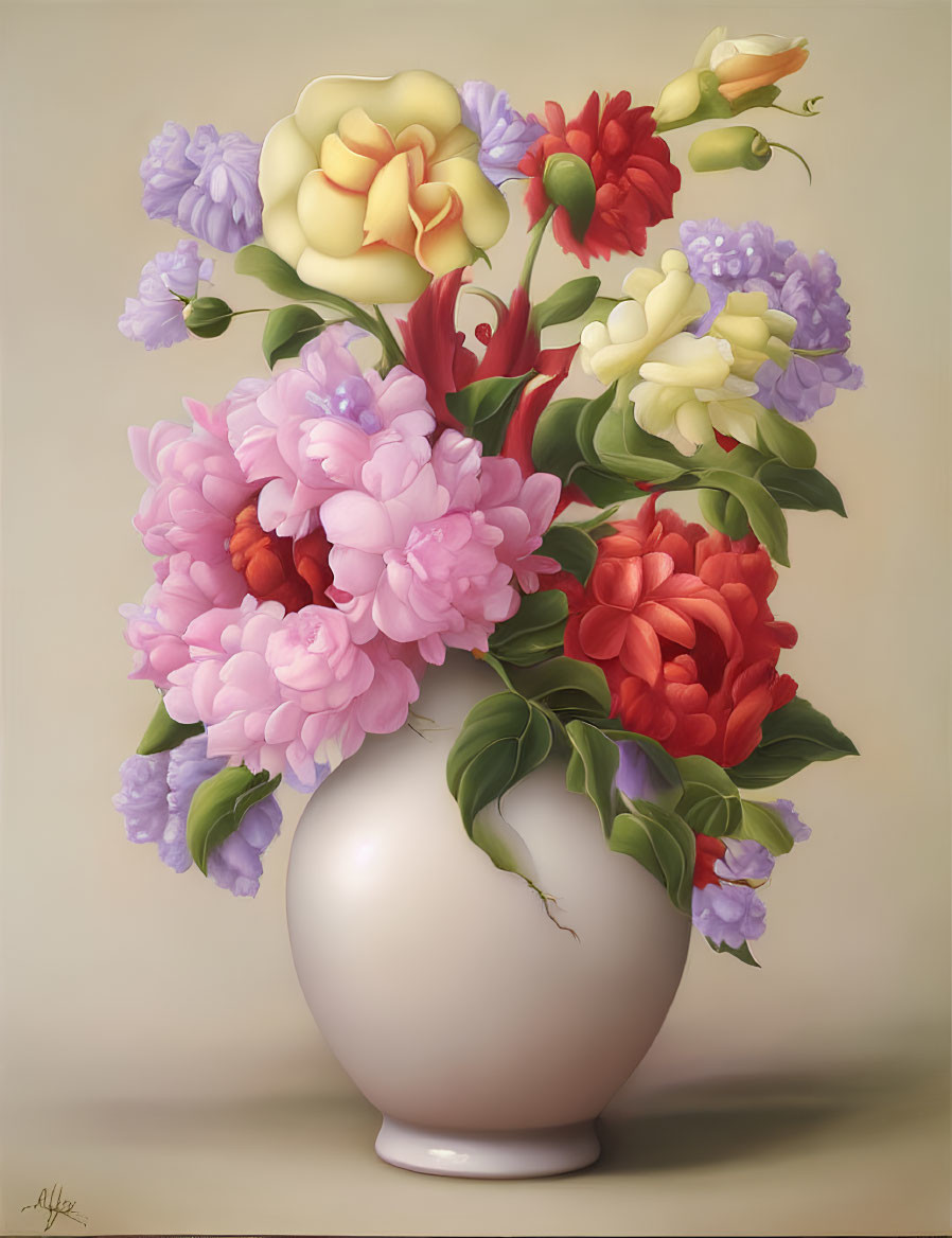 Realistic Multicolored Flower Bouquet Painting on Beige Background