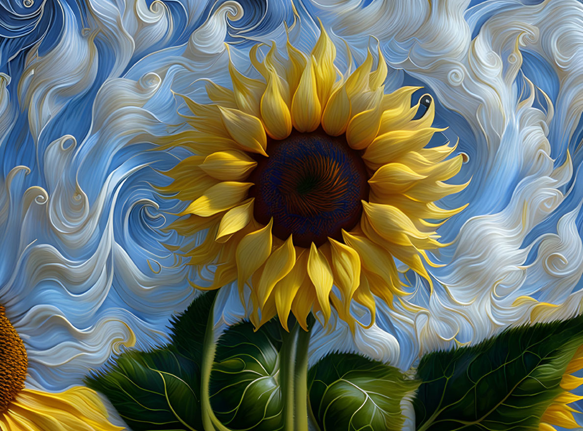 Vibrant sunflower on blue & white swirled background
