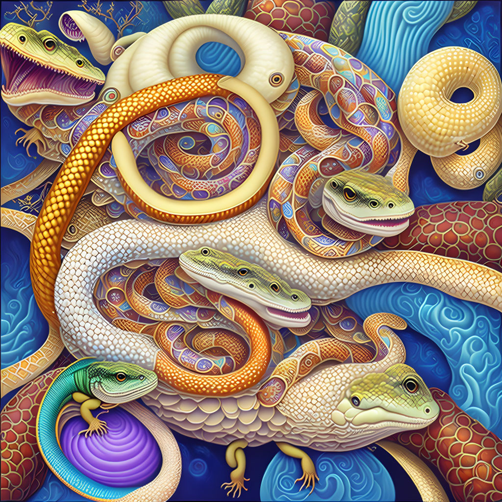 Vibrant surreal art: snakes and alligators in intricate detail.