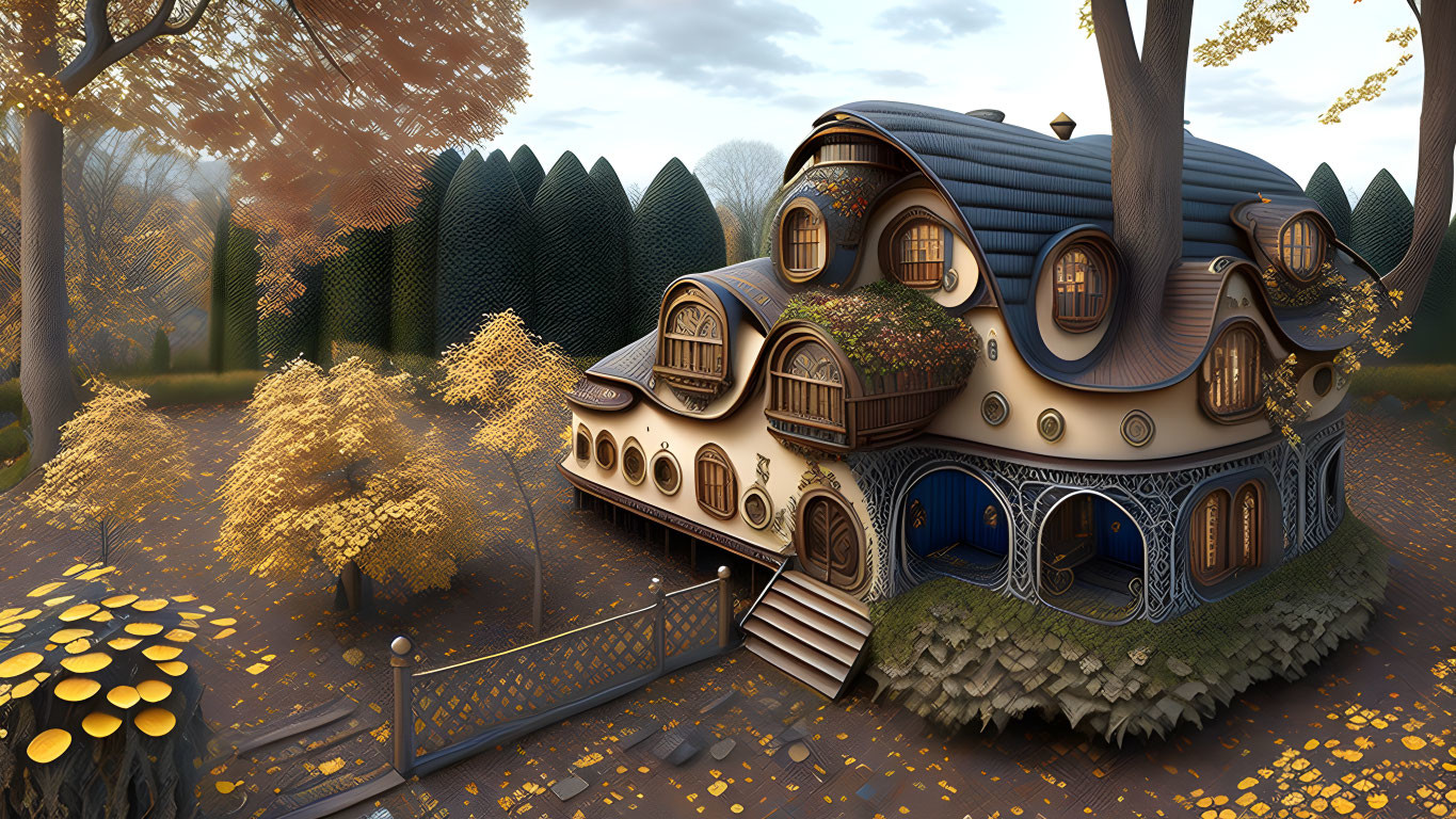 Whimsical multi-story house in autumn forest with round windows