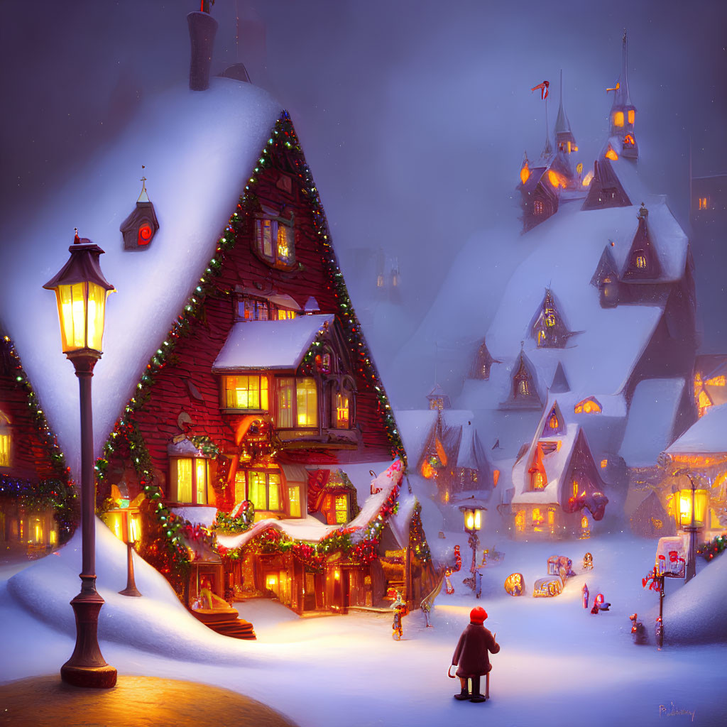 Snowy Village Decorated with Christmas Lights at Twilight