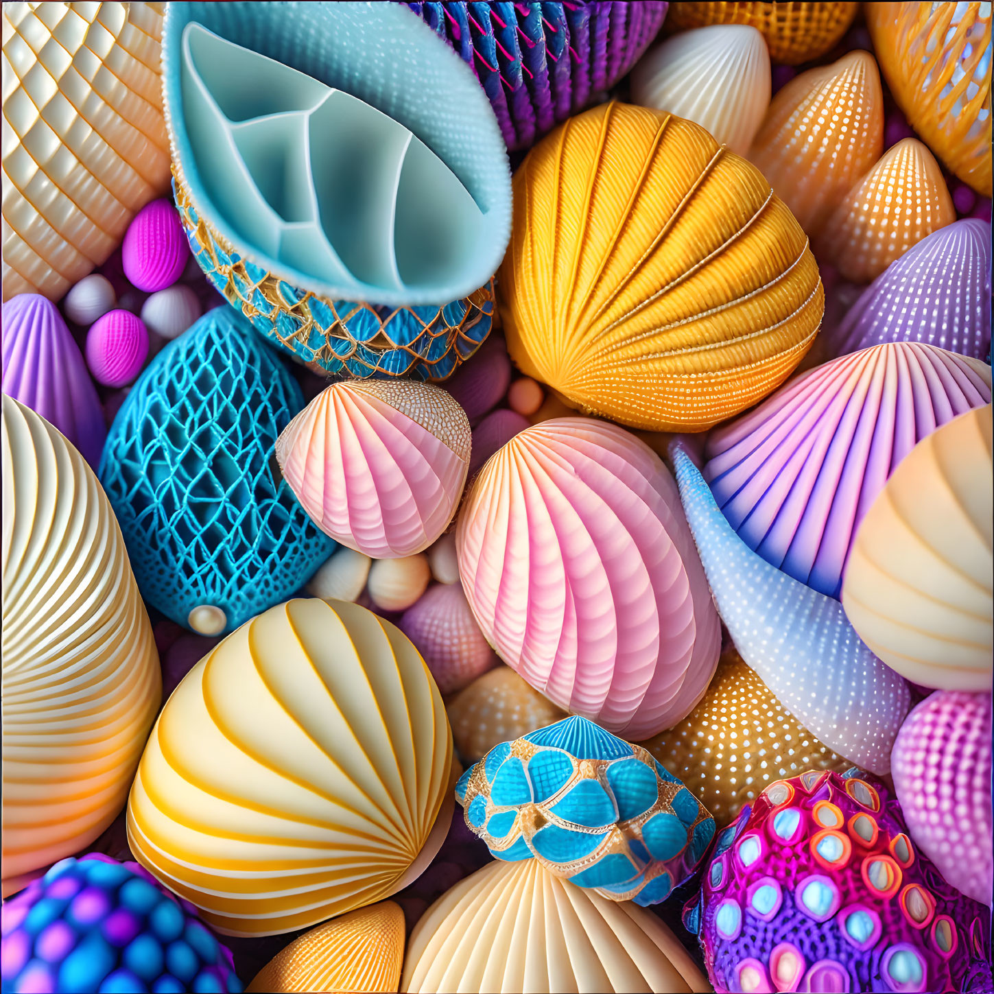 Colorful 3D digital shells in intricate patterns