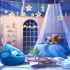 Whimsical star-themed bedroom with blue bed, star pillows, night sky window, and flower table