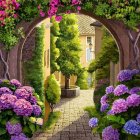Lush Garden Path with Vibrant Flowers and Golden Gate