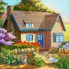 Colorful fairy-tale cottage with thatched roof in lush garden