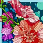 Colorful pink and purple flowers on cosmic background with stars and green planet