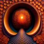 Symmetrical owl digital artwork with intricate patterns in orange, brown, and blue