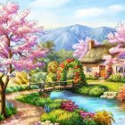 Lush Garden with Colorful Flowers and Serene Pond