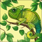 Colorful chameleon illustration on branch with intricate patterns