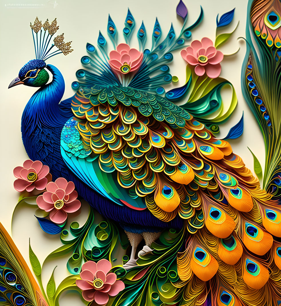 Colorful Peacock Illustration with Blues and Greens and Ornate Feathers