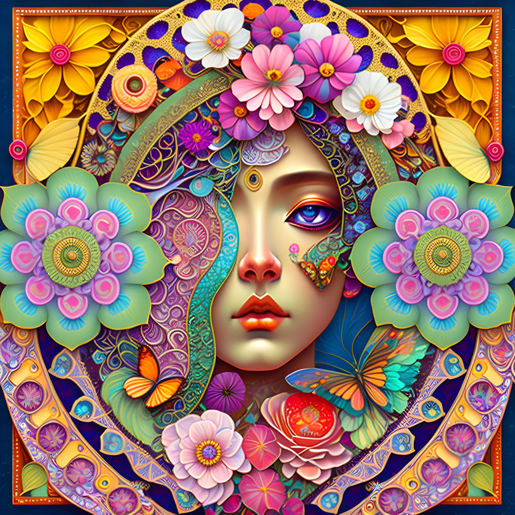 Colorful digital artwork: Woman's face with flowers and butterflies
