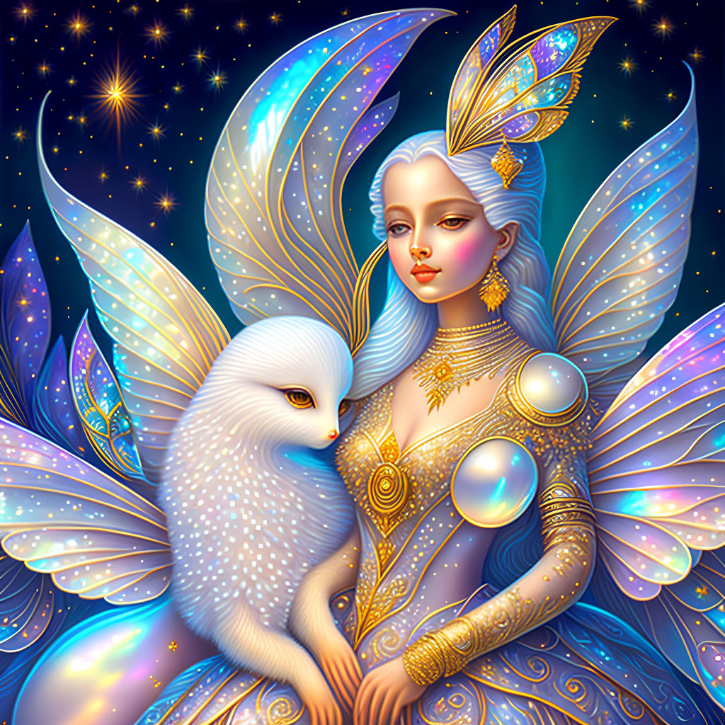 Radiant fairy with blue wings holding white owl in starry night scene