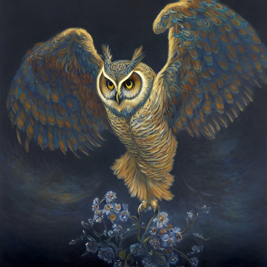 Detailed Owl with Outstretched Wings and Blue Flowers on Dark Background
