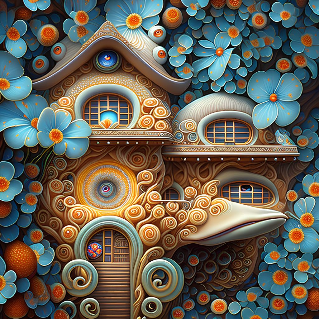 Whimsical illustration of cozy, fantastical house with blue flowers and circular windows