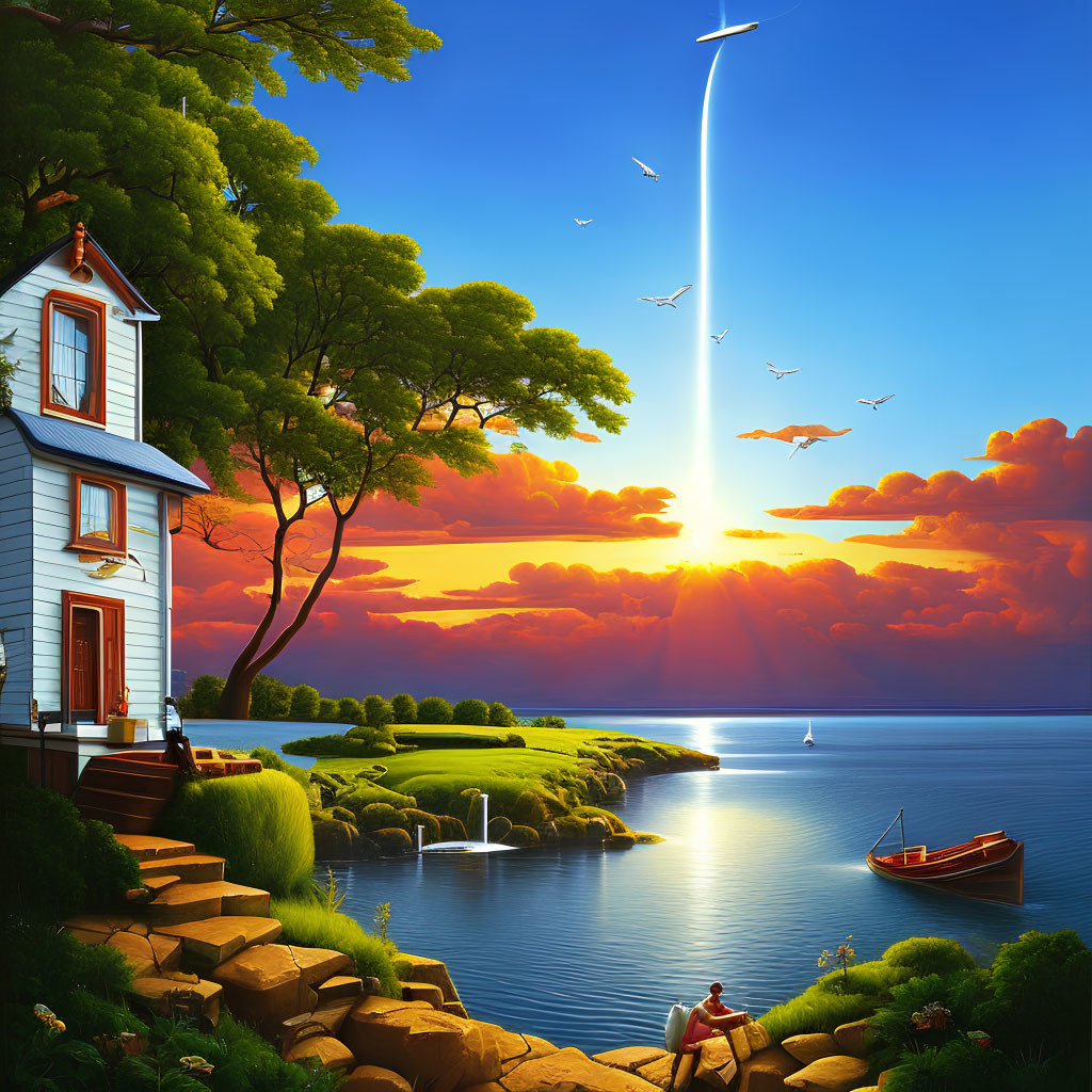 Scenic sunset by the sea with house, fishing person, birds, and boat