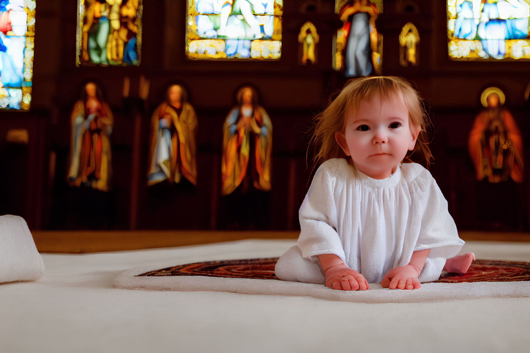 Toddler in White Dress Kneeling in Church with Stained Glass Windows
