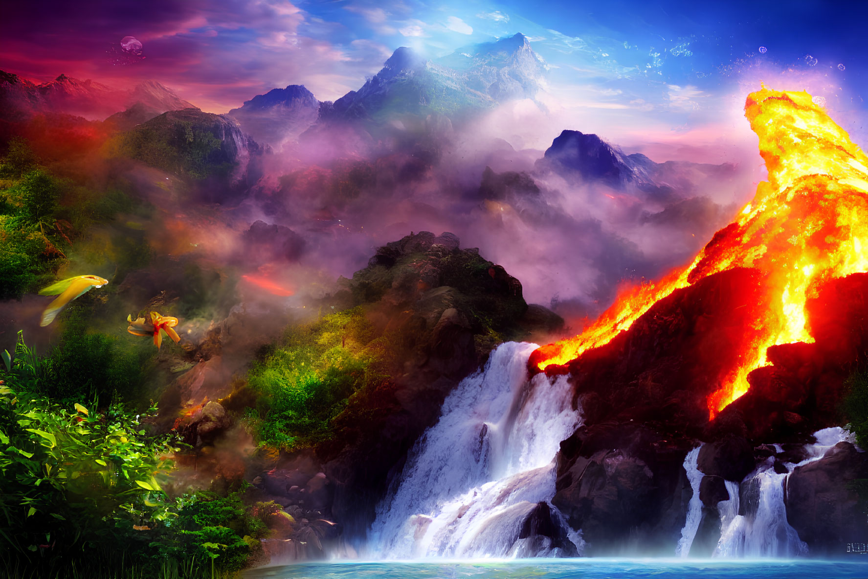 Fantasy landscape with erupting volcano, waterfalls, mountains, and flying person.